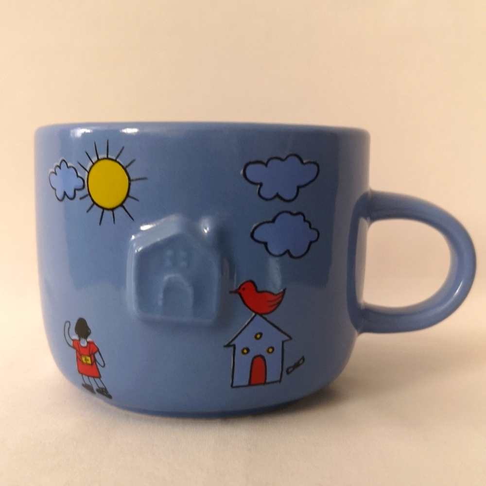 Unique Blue 3D Coffee or Tea Art Mug featuring House, Red Bird, Child & the Sun.